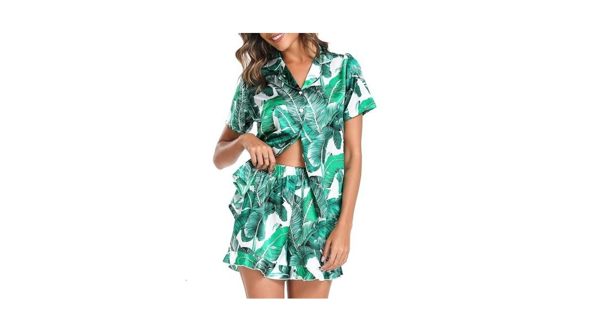 Swomog Women Silk Satin Pajamas Set Short Sleeve Button Down