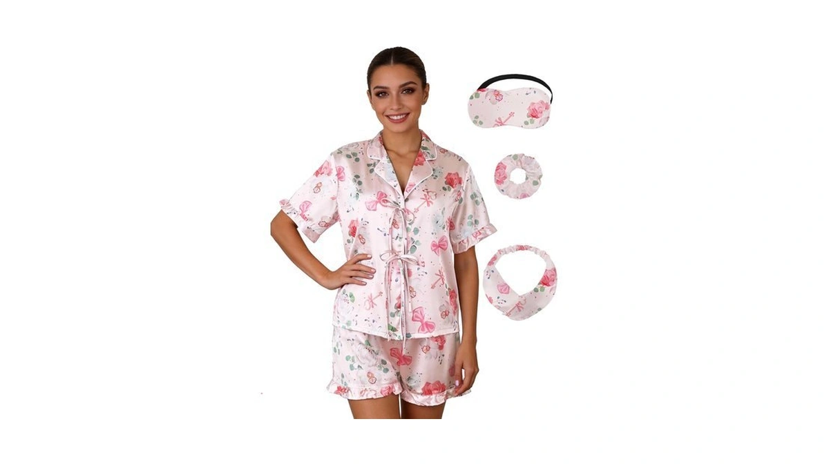 Satin Pajama Set For Women Short Sleeve Silky Pjs (‌pink