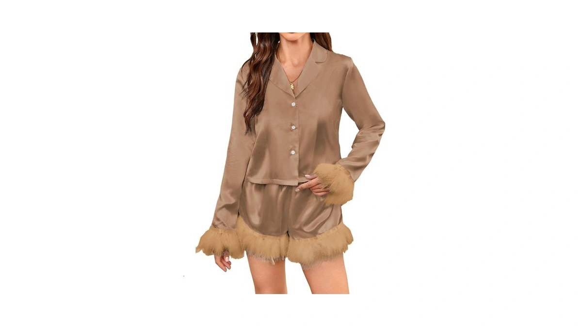 Verdusa Women's 2 Piece Satin Fuzzy Pajama Set Cute Pjs