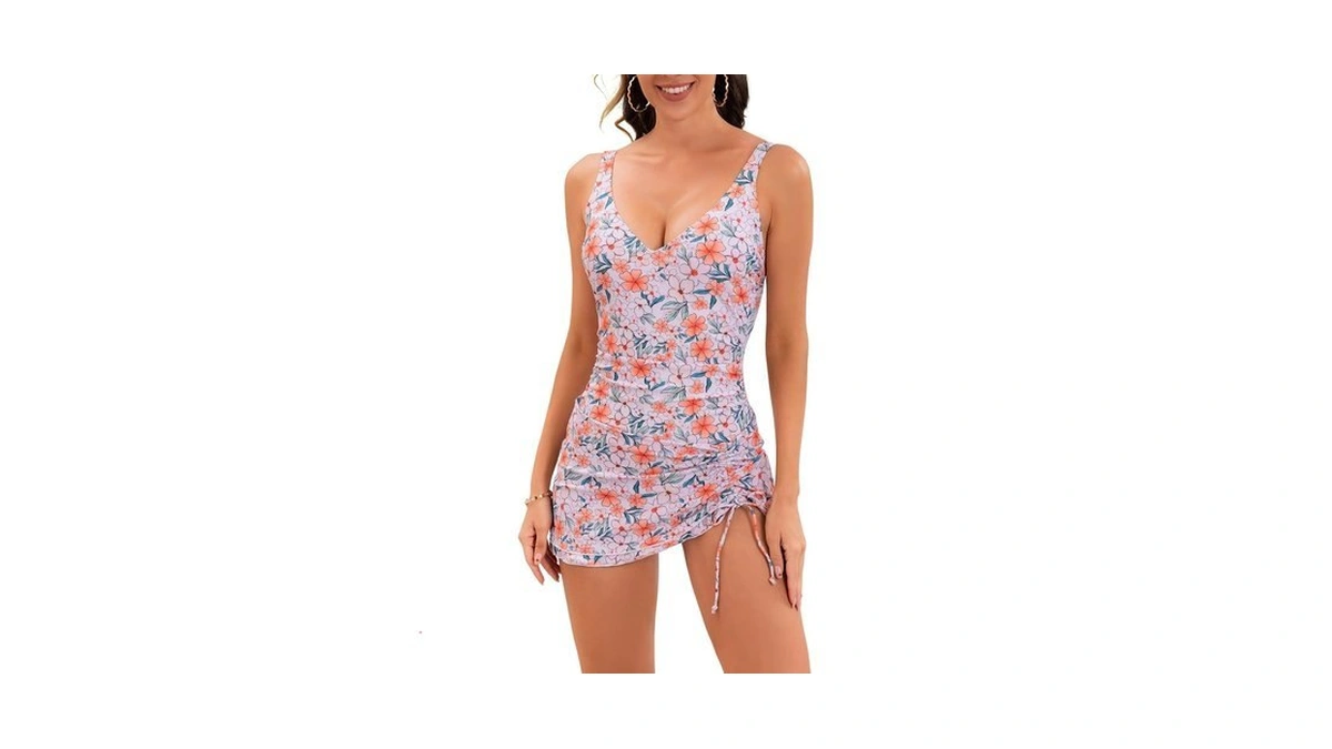 B2prity Women's One Piece Swimdress Tummy Control Ruched Swimsuit V