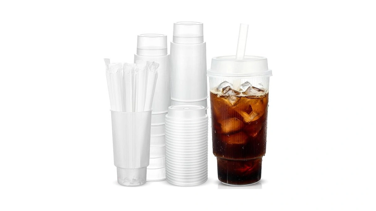 Ferrochef 25 Set 22 Oz Plastic Ribbed Cups With Lids