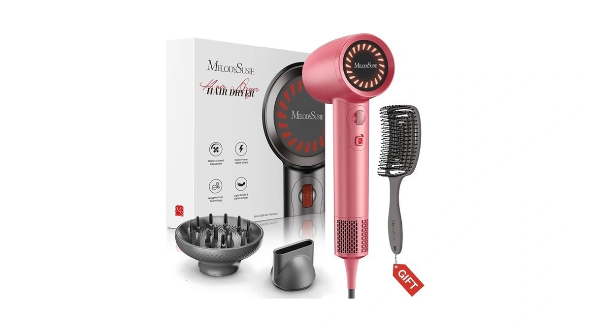 Melodysusie Hair Dryer With Diffuser, 1600w Fast Drying Low Noise