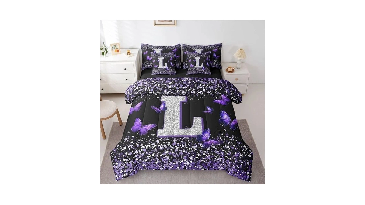 Erosebridal Personalized Initial Letter L Bedding Set Purple Butterfly Twin