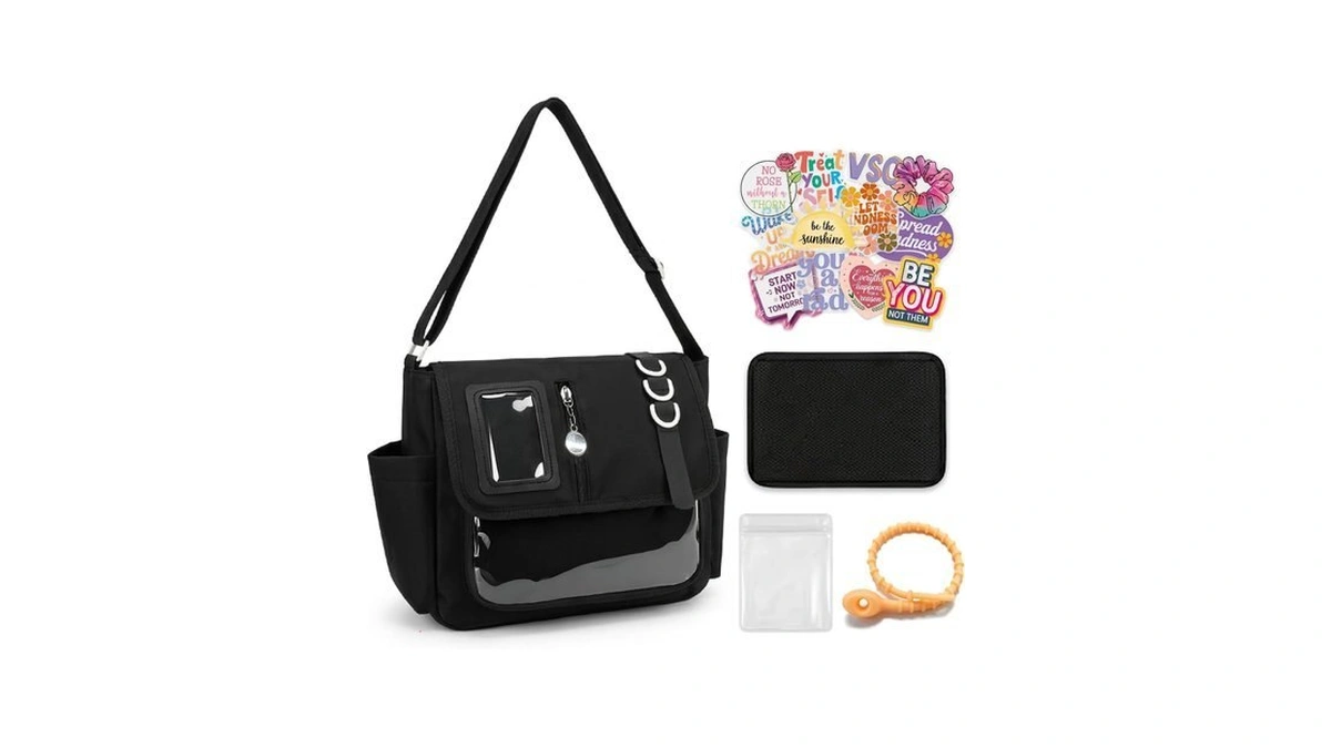 Black Ita Bag Crossbody, Pin Display Purse With Silicone Cord