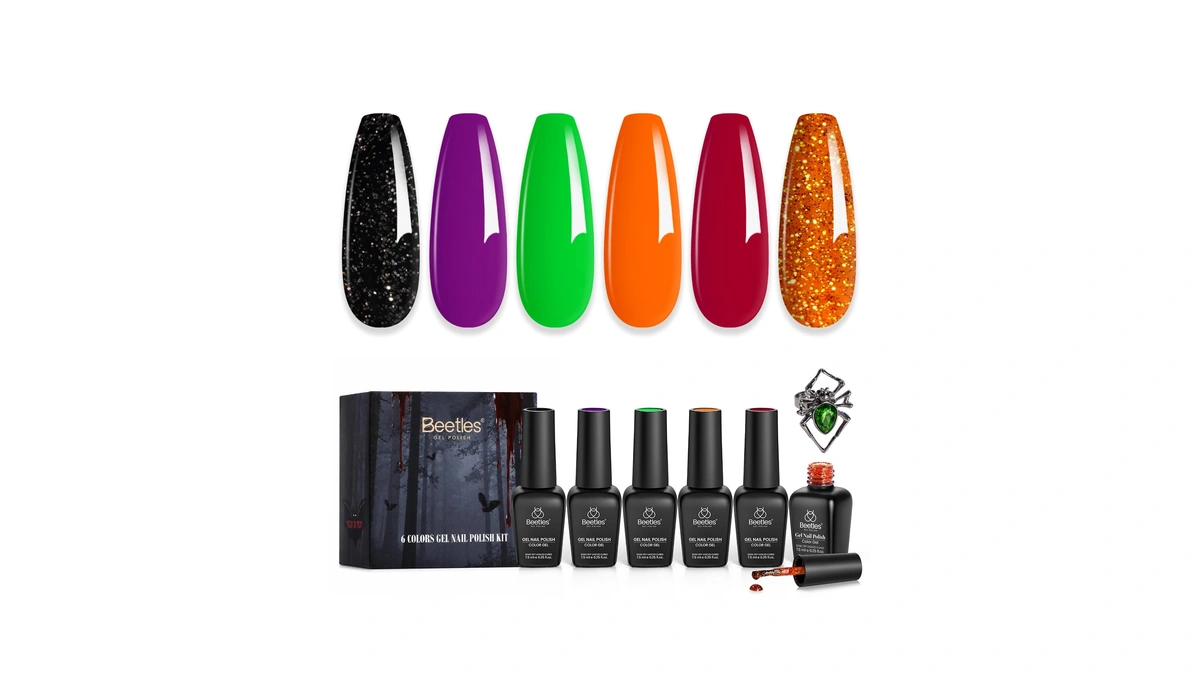 Beetles Halloween Gel Nail Polish Set, 6 Colors Orange Green