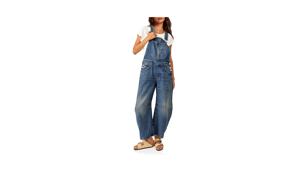 Plnotme Womens Denim Bib Overalls Barrel Leg Adjustable Strap Jean