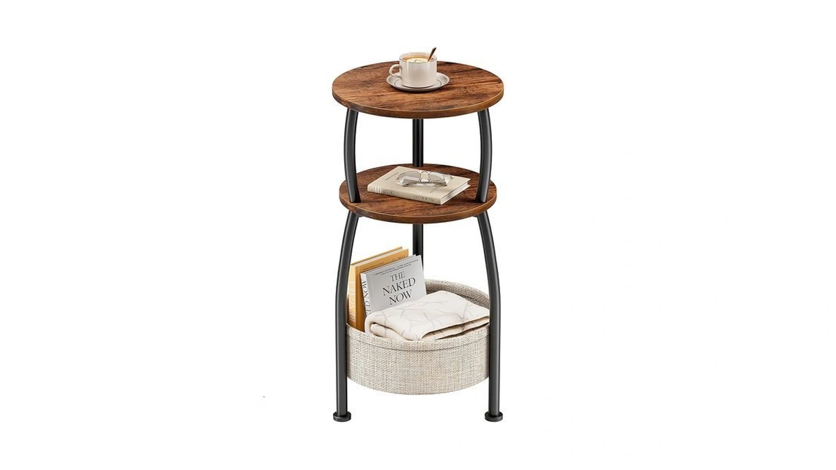 Yuede Round Side Table For Small Spaces With Storage Basket,