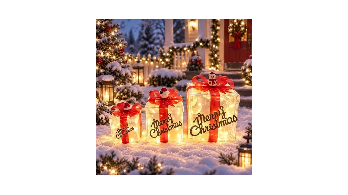 Set Of 3 Christmas Lighted Gift Boxes, Pre-lit 60 Led