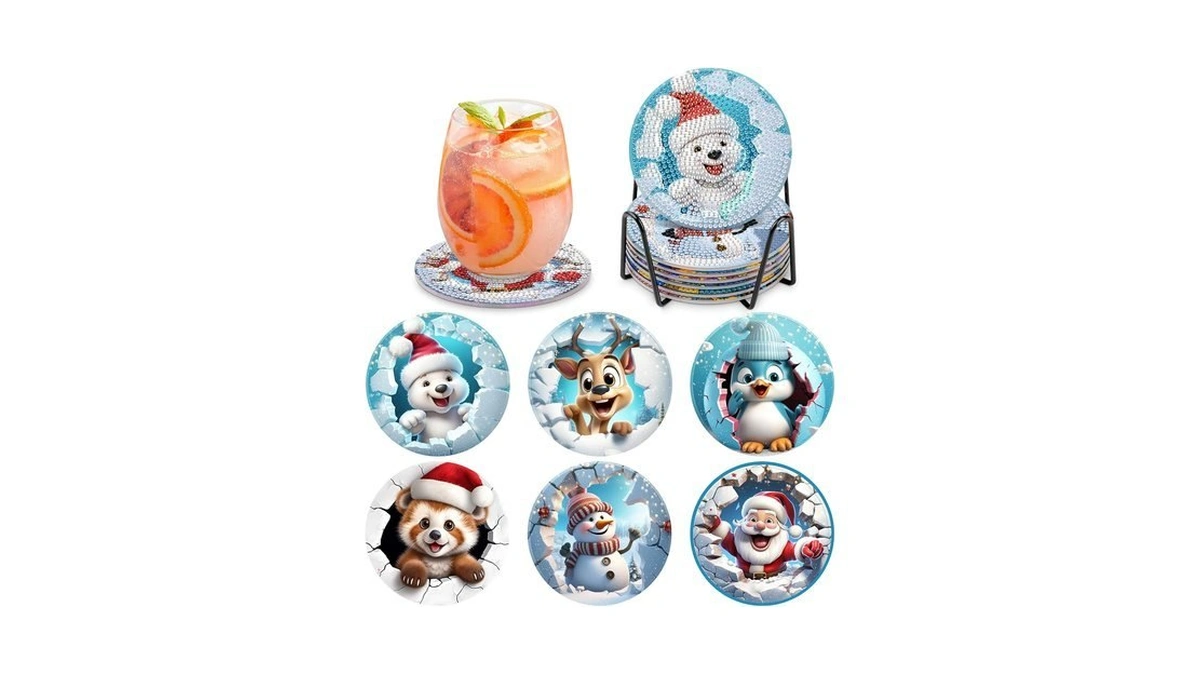 Mogtaa 6pcs Diamond Art Painting Coasters With Holder, 5d Christmas