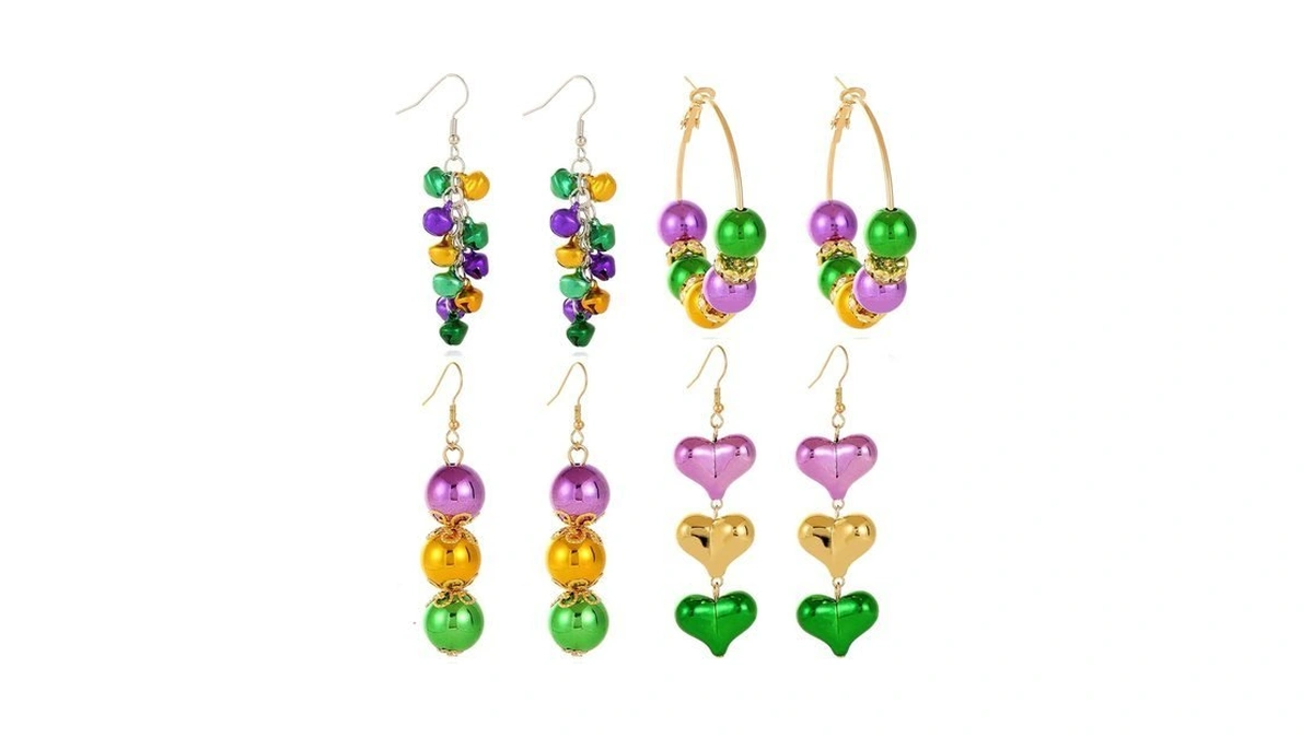 Met-edianger 4 Pairs Mardi Gras Earrings Set Carnival Dangle Drop