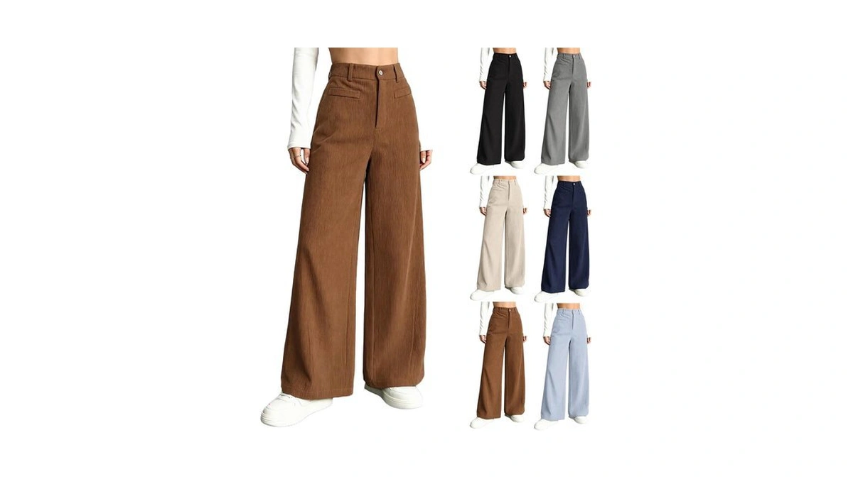 Corduroy Pants Women Wide Leg High Waisted Zipper Button Casual