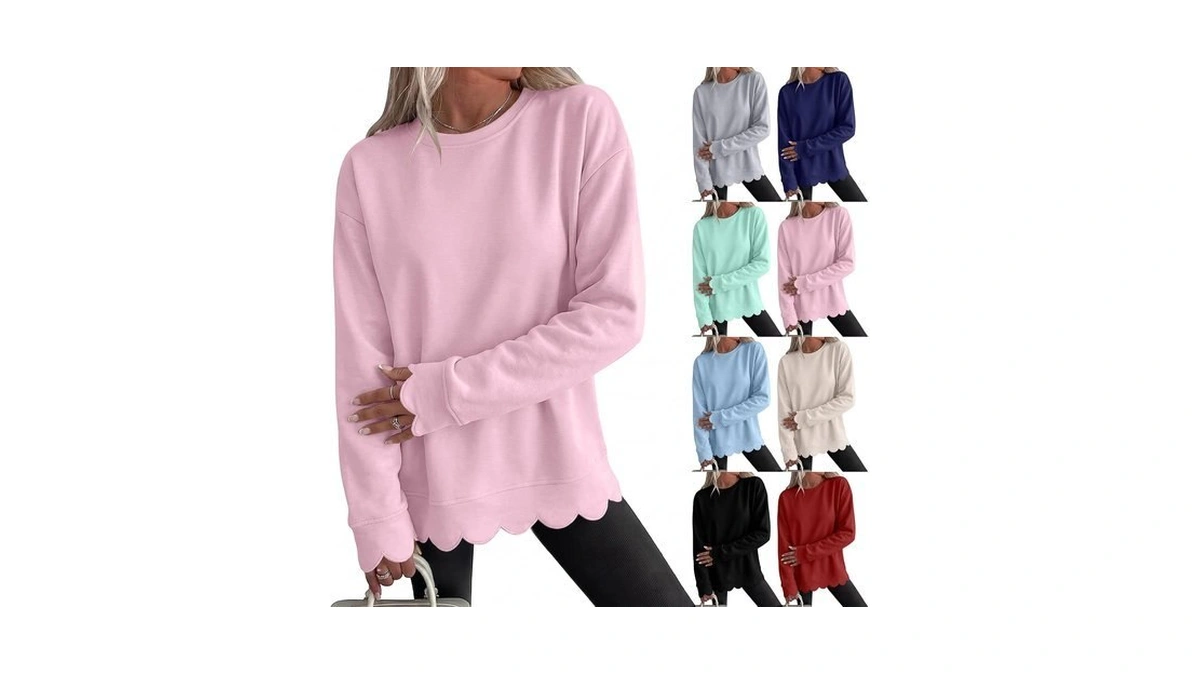 Womens Oversized Crewneck Sweatshirt Scalloped Hem Fall Pullover Tops