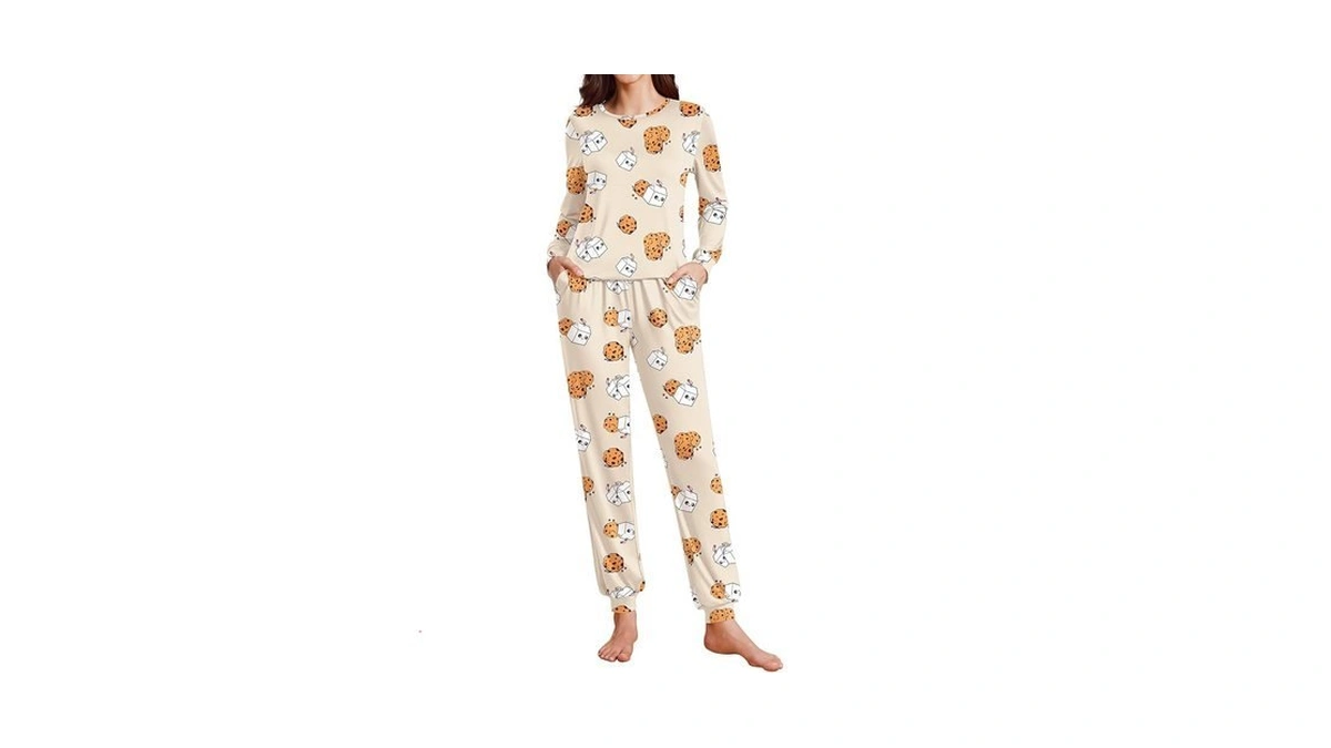 Ekouaer Womens Pajama Sets Cute Long Sleeve Pjs Apricot-cookie Milk