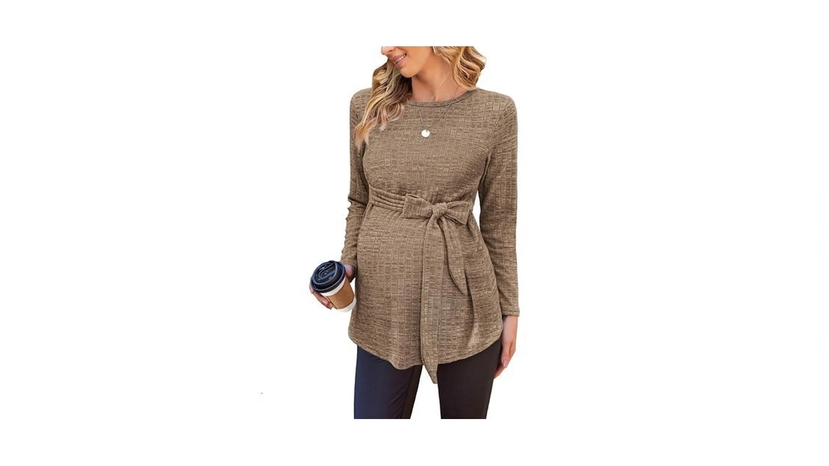 Ekouaer Maternity Shirts Ribbed Long Sleeve Pregnancy Sweater Tops Outfits