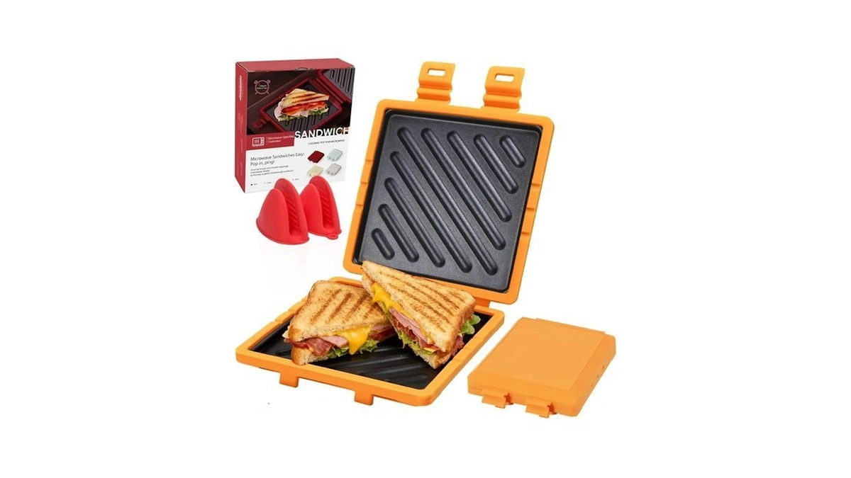 Microwave Sandwich Maker With Non-stick Plates And Adjustable Strap, Orange