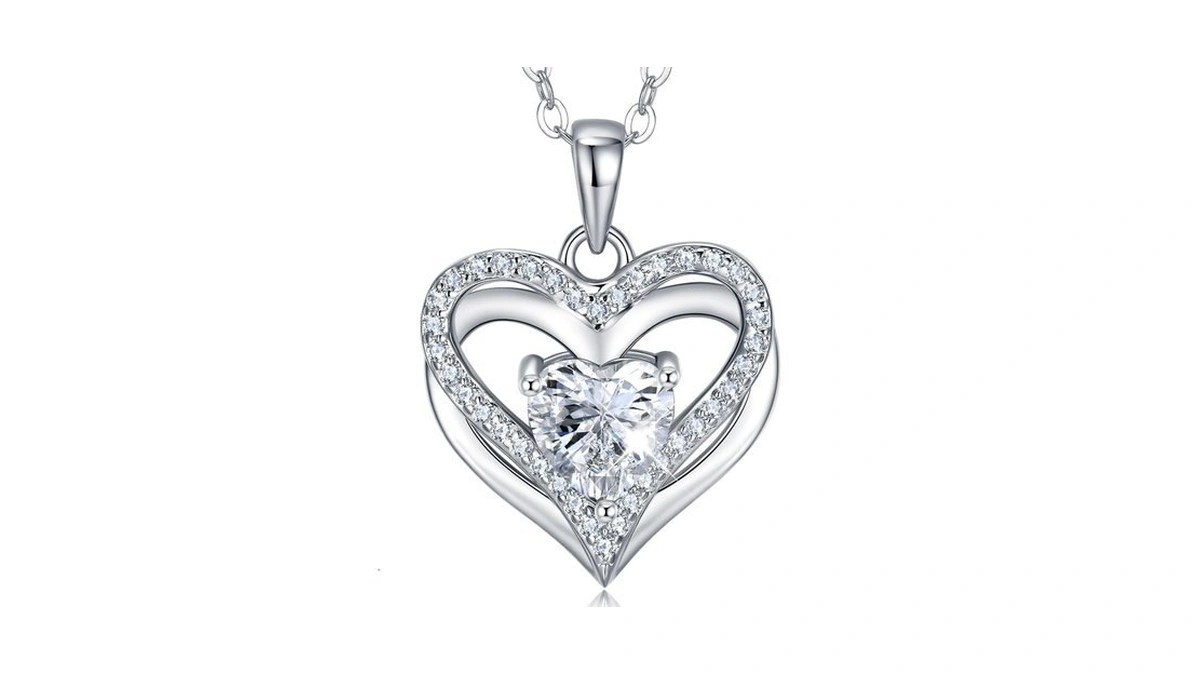 Jacupo 1ct Double Heart Moissanite Necklace For Women Lover Engraved