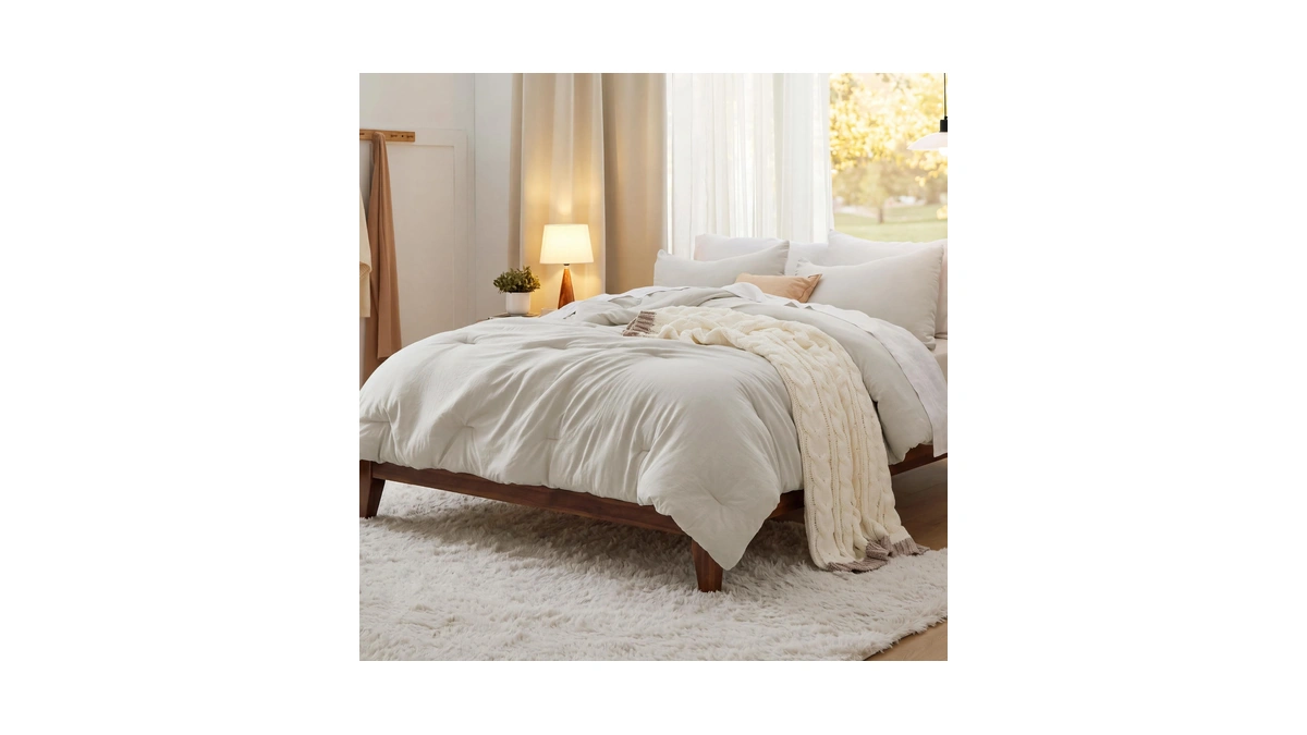 Bedsure Queen Comforter Set Prewashed Soft Bedding Set 3pcs Beige