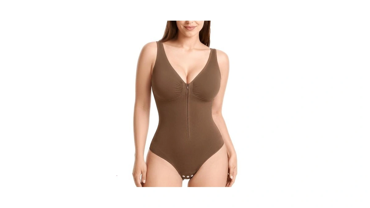 Shapewear Bodysuit, Deep V Zip-up Tummy Control Snap Gusset Design,