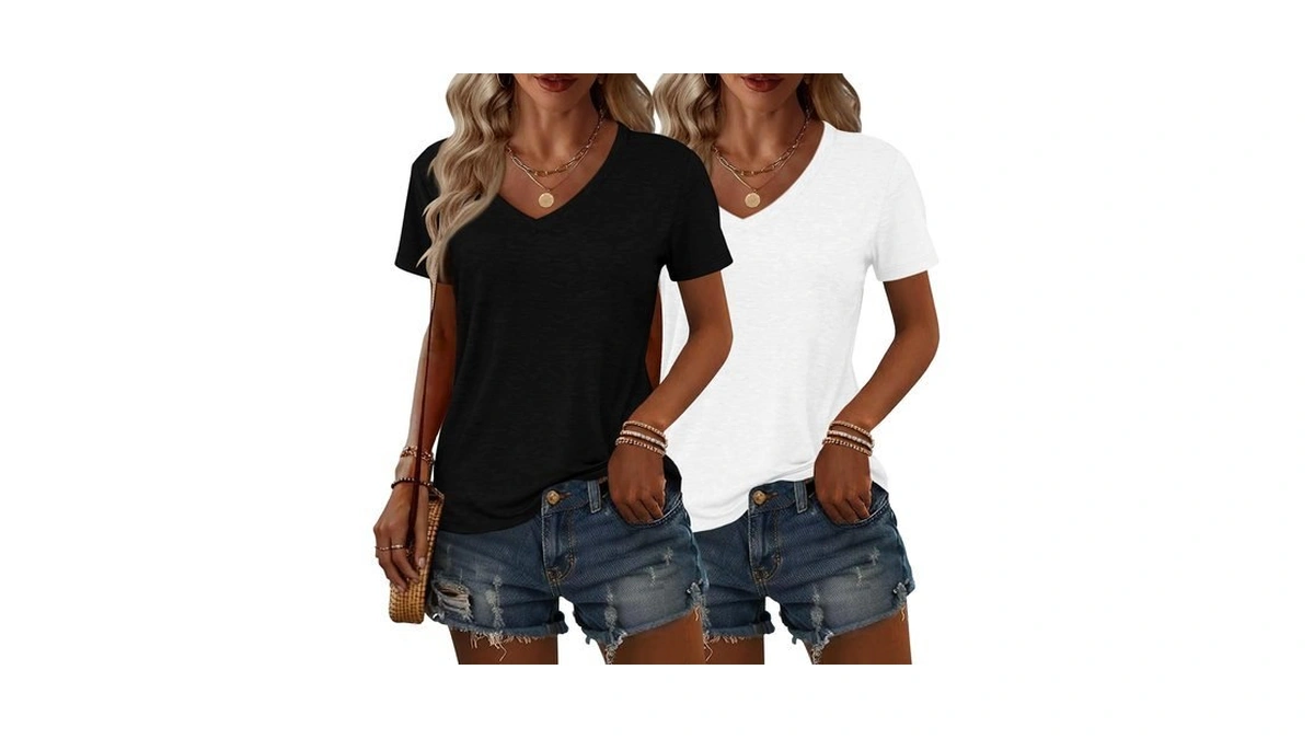Aizhineng 2 Pack Womens Summer Tops V Neck Short Sleeve