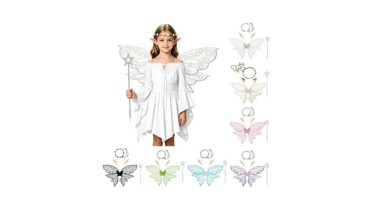 Girls Fairy Wings Set Elf Ears Flower Crown Star Wand