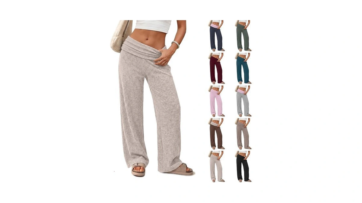 Women Wide Leg Pants Elastic Waist Ribbed Knit Foldover Flare
