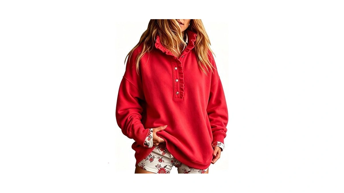 Womens Mock Neck Sweatshirts Fall Ruffle Hem Stand Collar Henley