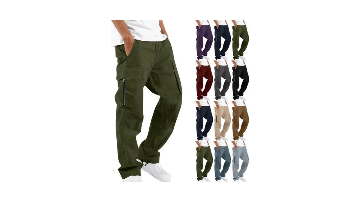 Mens Cargo Pants Casual Elastic Waist Drawstring Pleated Hiking Pants