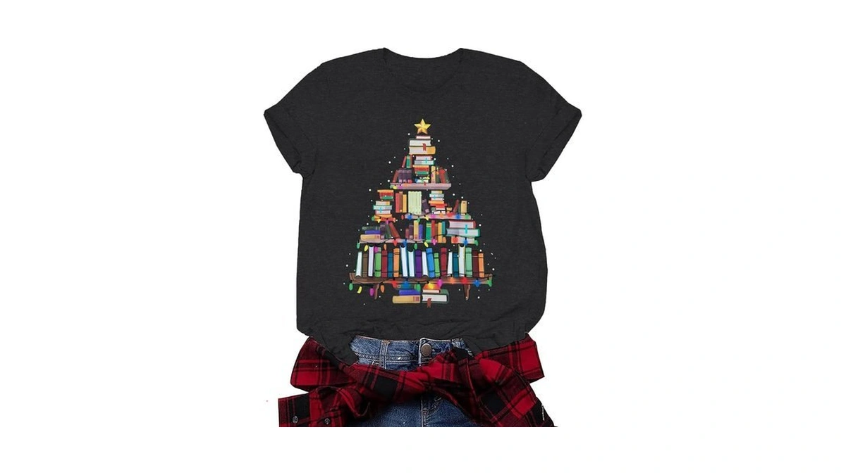 Merry Christmas Shirts Women Funny Xmas Holiday Book Tree Short