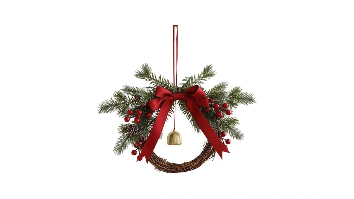13.7 Inch Rustic Twig Ring Gold Bell Pine Sprig Swag