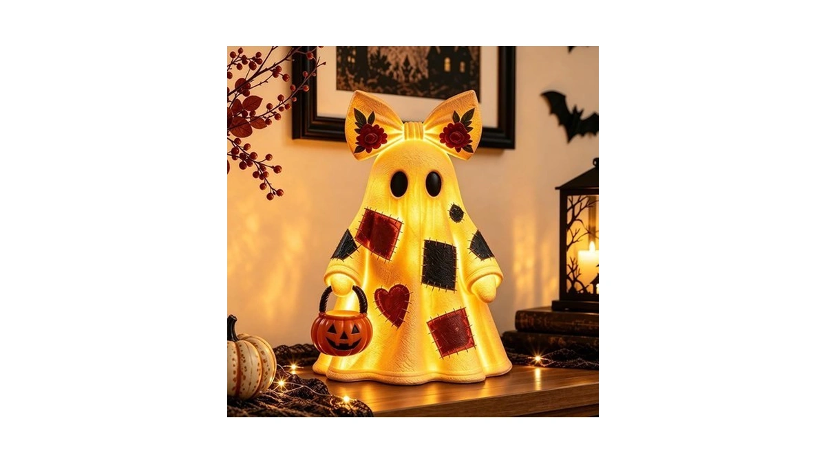 14 In Lighted Patchwork Ghost Figurine Halloween Decor With Remote