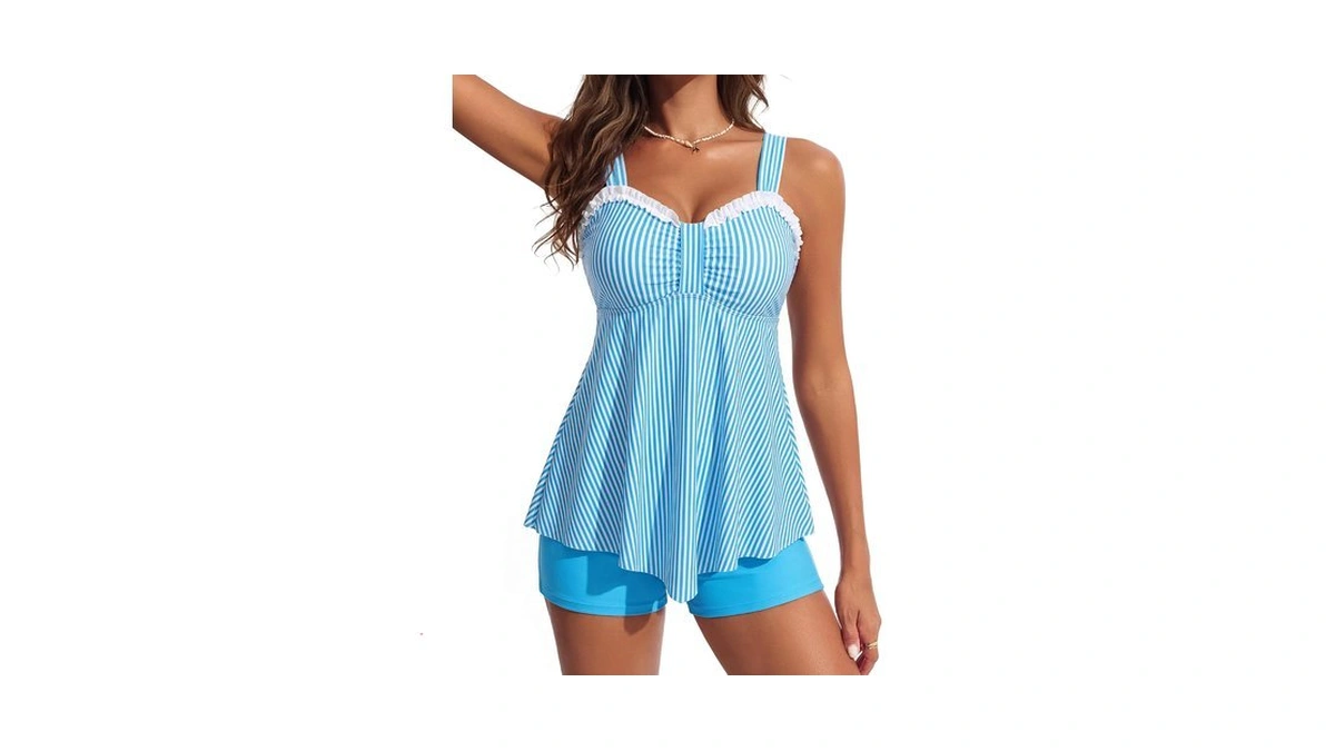 Tankini Swimsuit For Women Ruffle Collar Bathing Swimwear Blue Striped