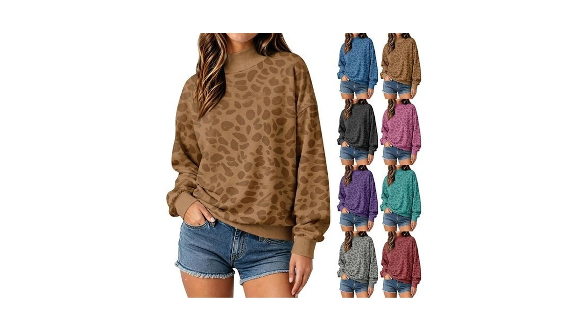 Women's Mock Neck Sweatshirt Preppy Leopard Print Oversized Fleece Pullover