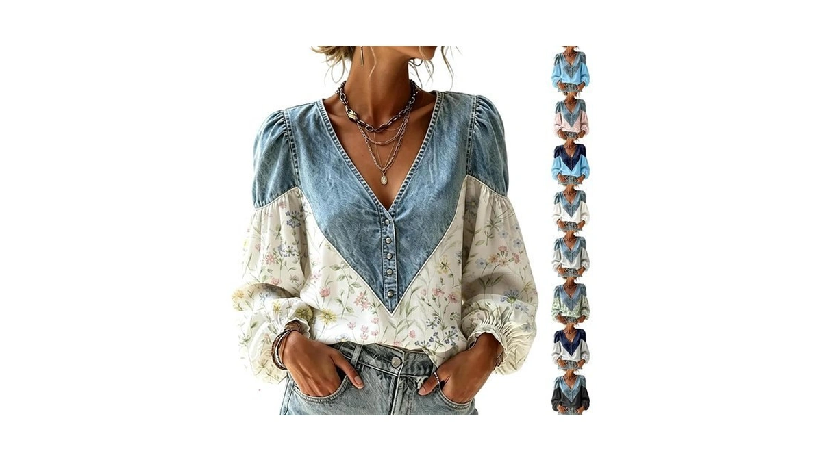 Women's Western Shirts Denim Patchwork Button Up Cute Western V