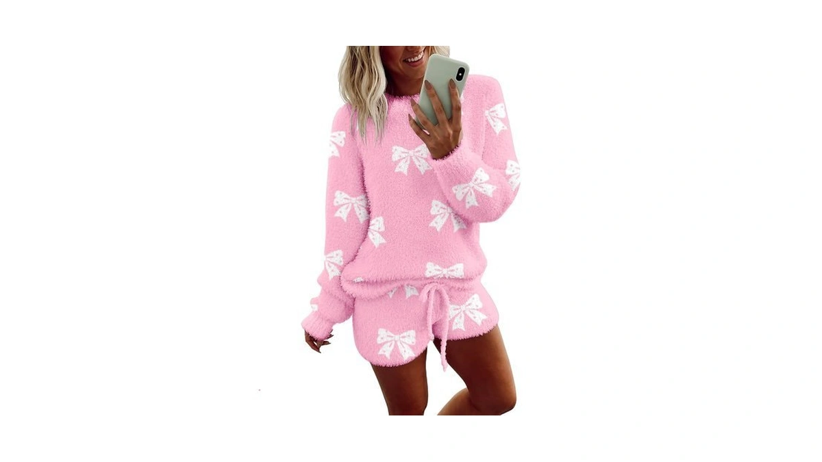 Ekouaer Fuzzy Fleece Pajamas Long Sleeve Sweater Top And Shorts