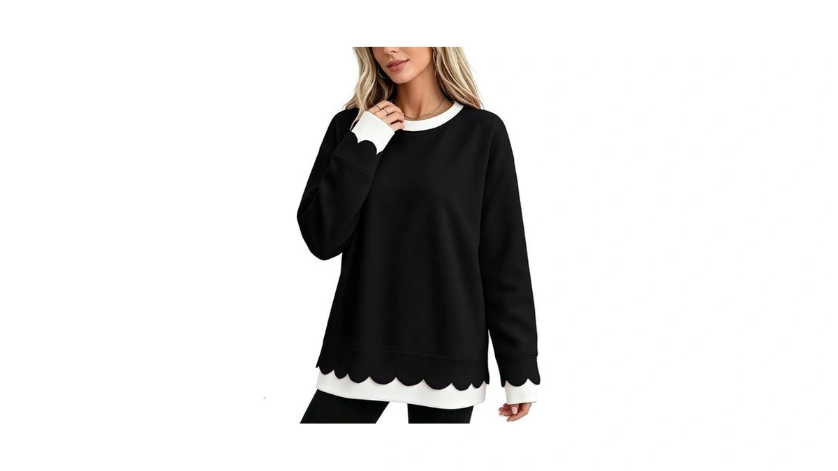 Crew Neck Sweatshirts Women Fake Two Piece Scalloped Oversized Hoodie