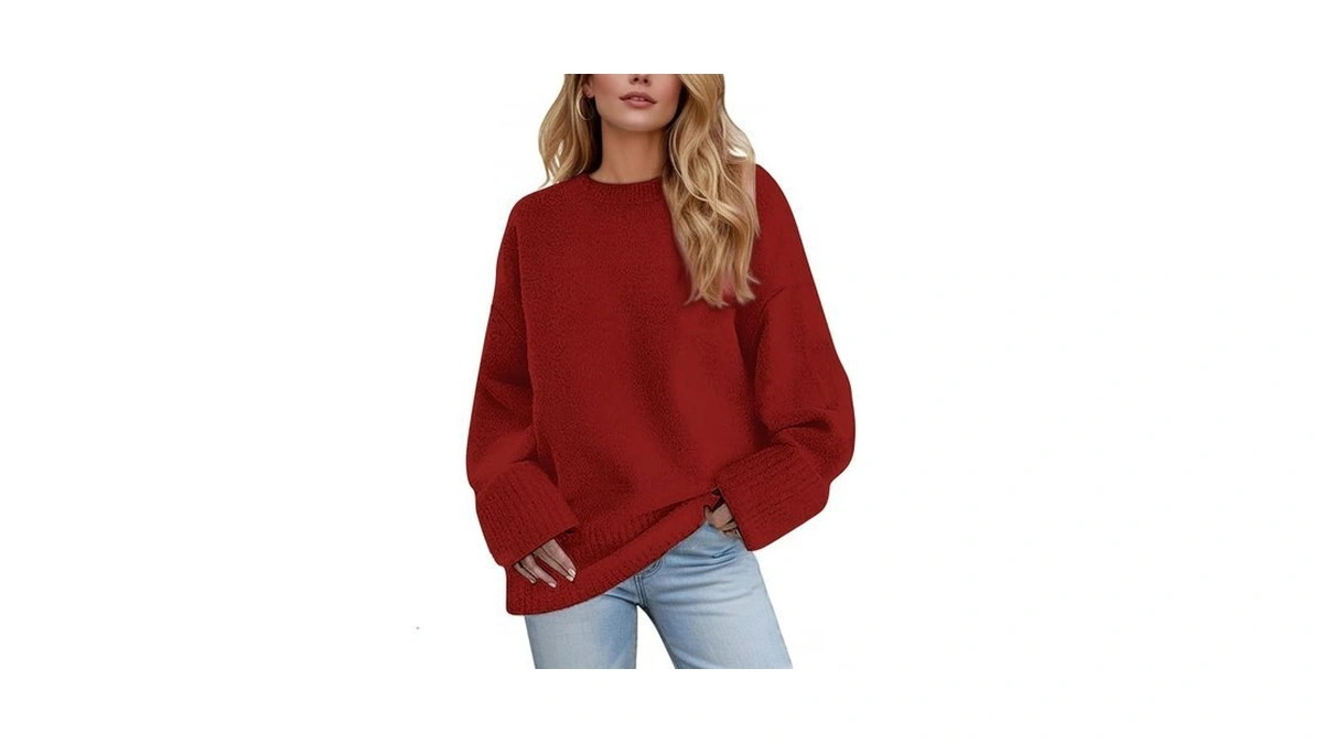 Women's Oversized Crewneck Sweater, Long Sleeve Pullover Top, Red, M