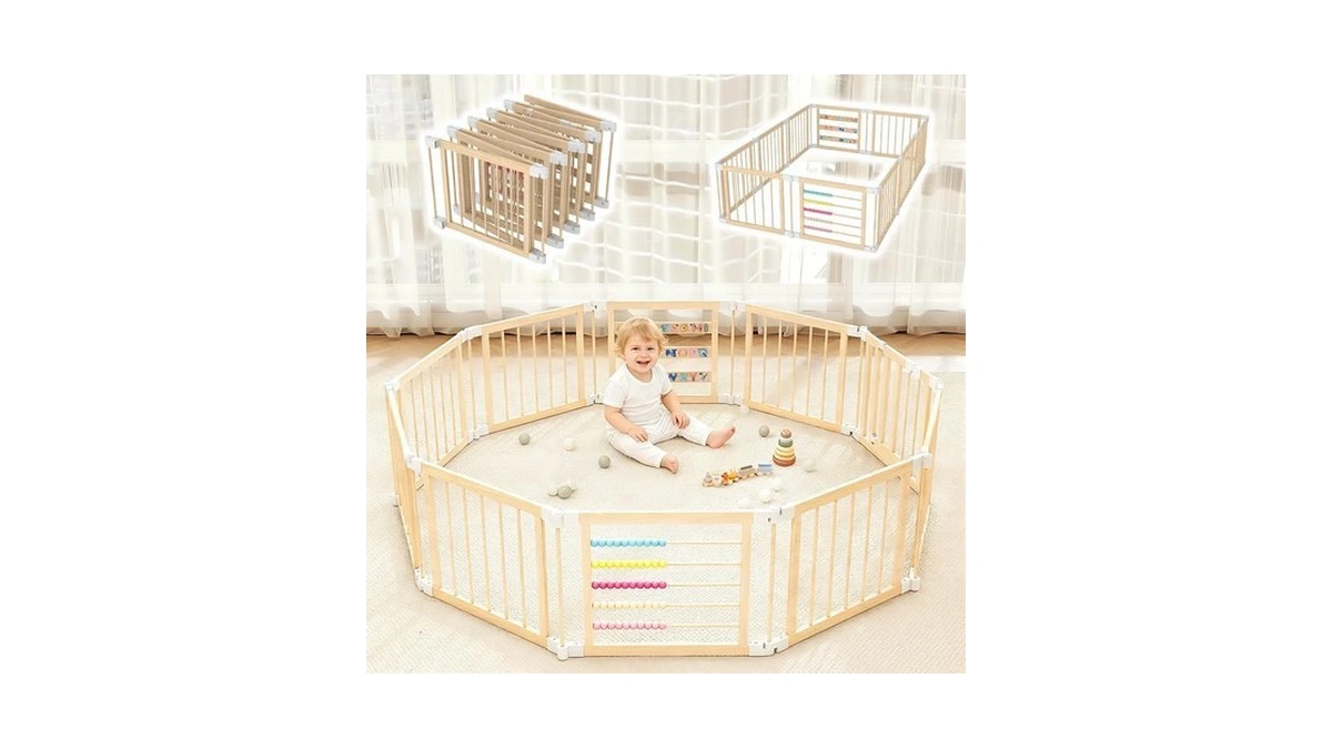 Coco Design Baby Wooden Playpen, 10 Panel Foldable Play Yard