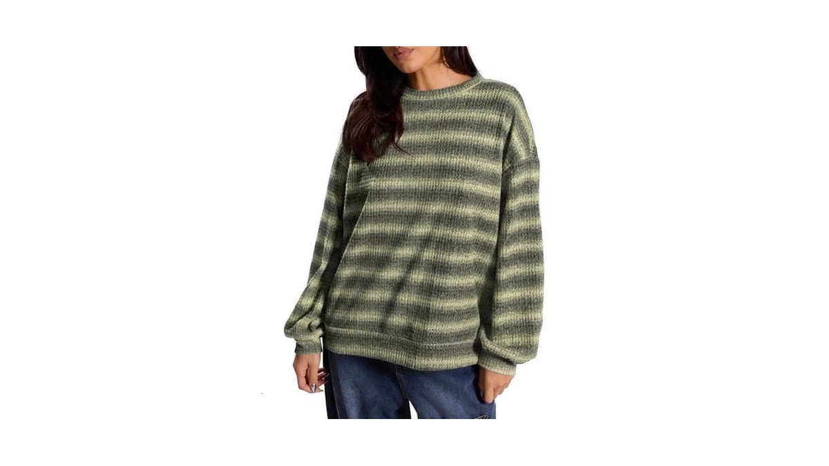 Kirundo Striped Waffle Knit Tops For Women Lightweight Sweaters(green, M)