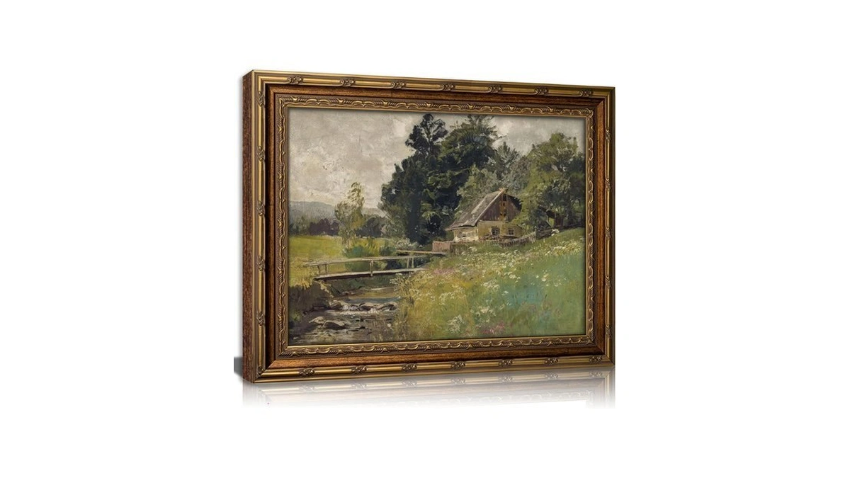 Apexblume Vintage Gold Framed Landscape Wall Art Riverside Houses Prints