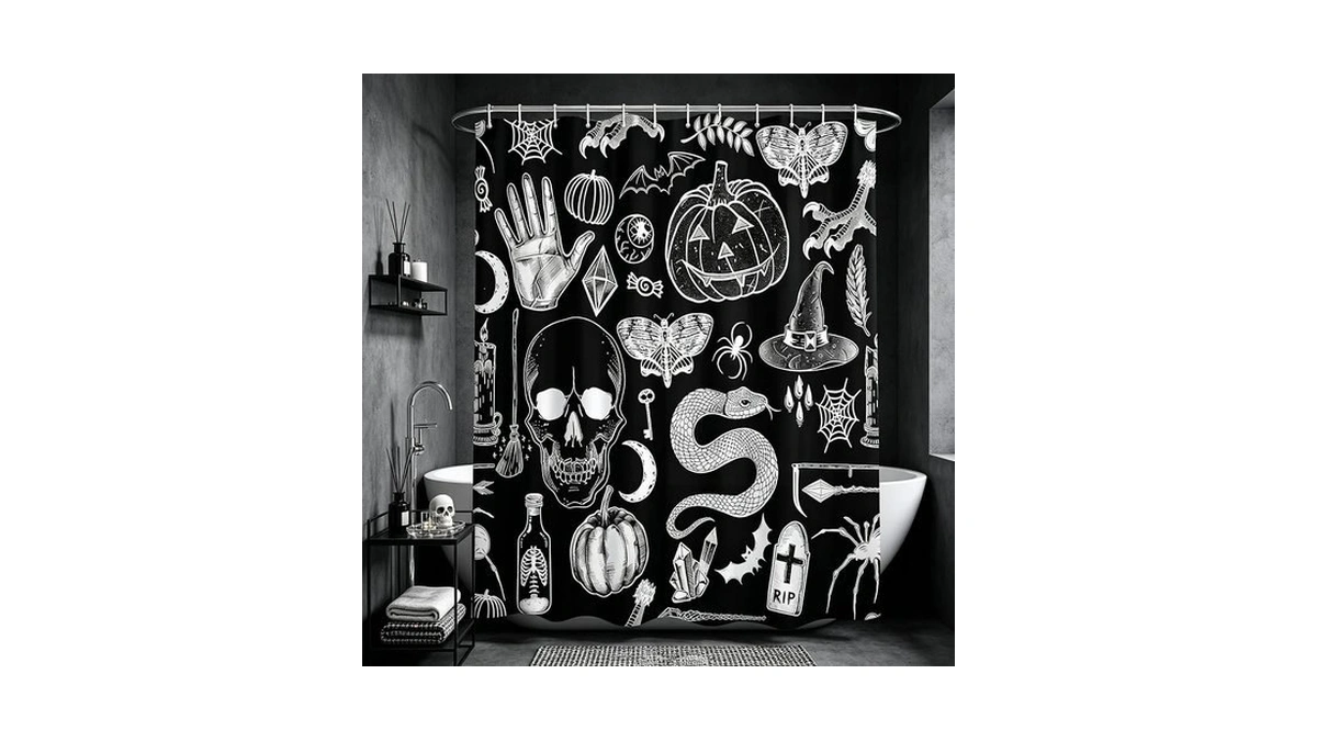 Dark Gothic Shower Curtain, Black Spooky Skull Skeleton Halloween 70x70
