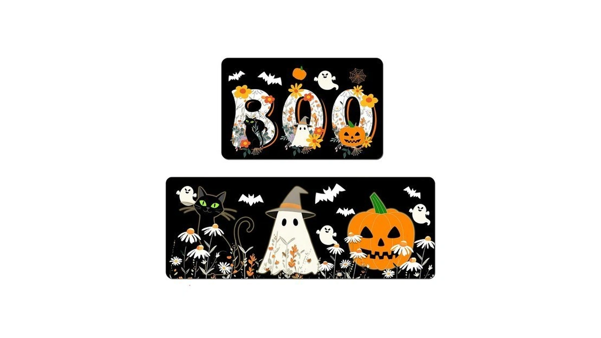 Aprophic Halloween Kitchen Mats Set Of 2 Boo Ghost Black