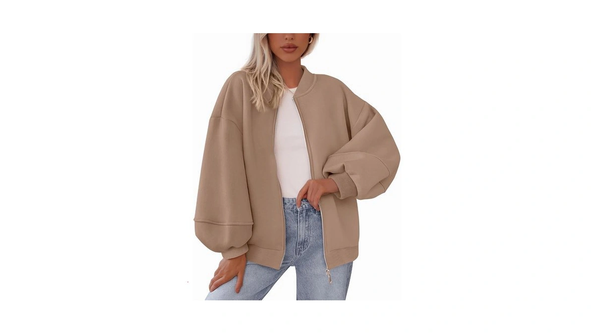 Kirundo Oversized Sweatshirt For Women Zip Up Bomber Jacket(khaki, Xl)