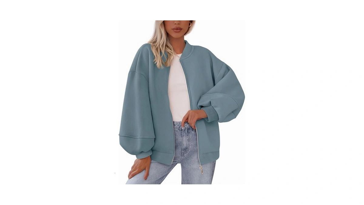 Kirundo Oversized Sweatshirt For Women Zip Up Bomber Jacket(grey Blue,