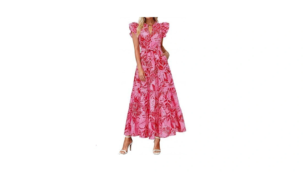 Dowerme Women Summer Casual Ruffle Cap Sleeve Floral Belted Boho