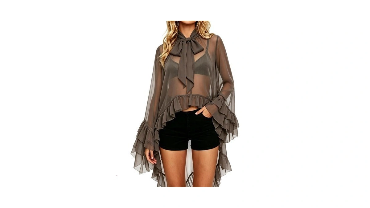 Seyumixi Women Long Bell Sleeve Flowy Top Sheer Mesh Blouse