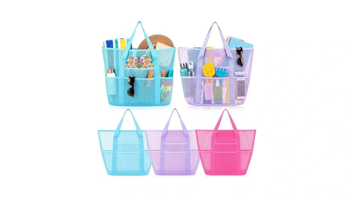 Klyyo 3 Pcs Mesh Beach Bags Zippered Waterproof 8 Pockets,