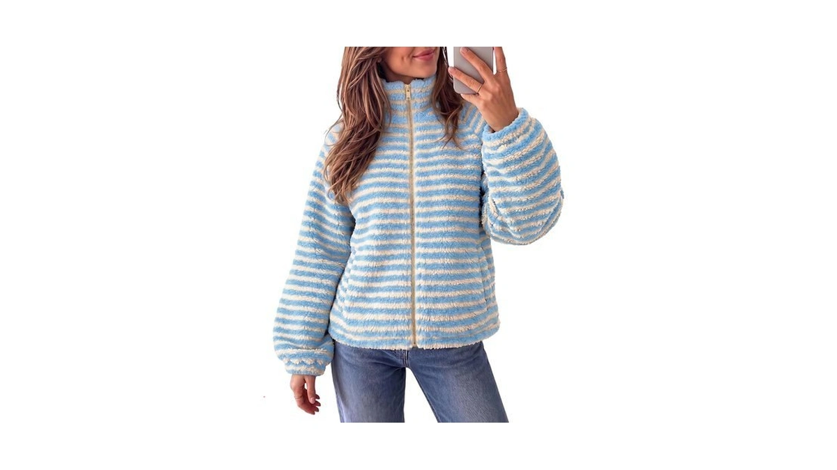 Fisoew Womens Fleece Jacket Zip Up Fuzzy Oversized Sherpa Striped
