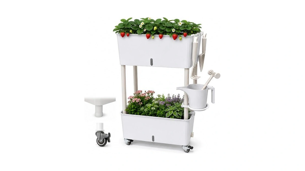 2-tier 27.8"h Rolling Raised Garden Bed With Wheels, Self Watering