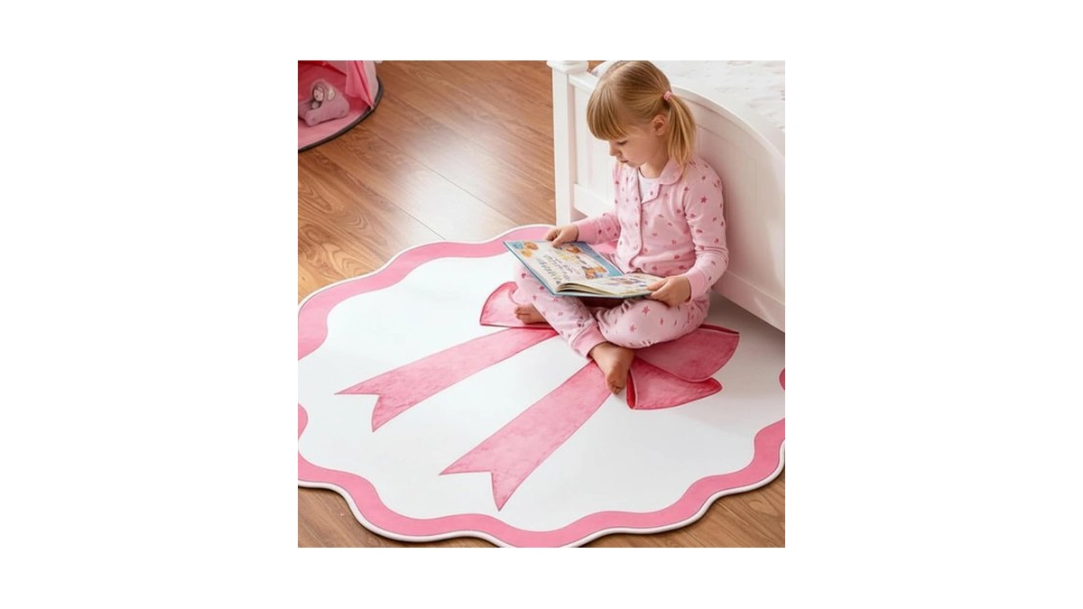 Maasechs 4 Ft Pink Bow Scalloped Round Rug Washable Kids
