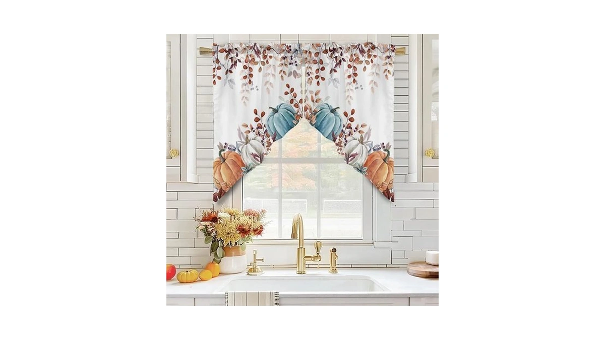 Fall Swag Kitchen Curtain Valance Blue Pumpkin Window Treatments Curtains
